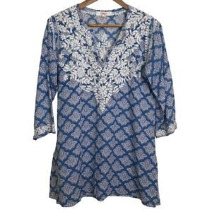 Amaya Size 42 Medium Hand Block Printed Embroidered Blue and White Tunic Blouse